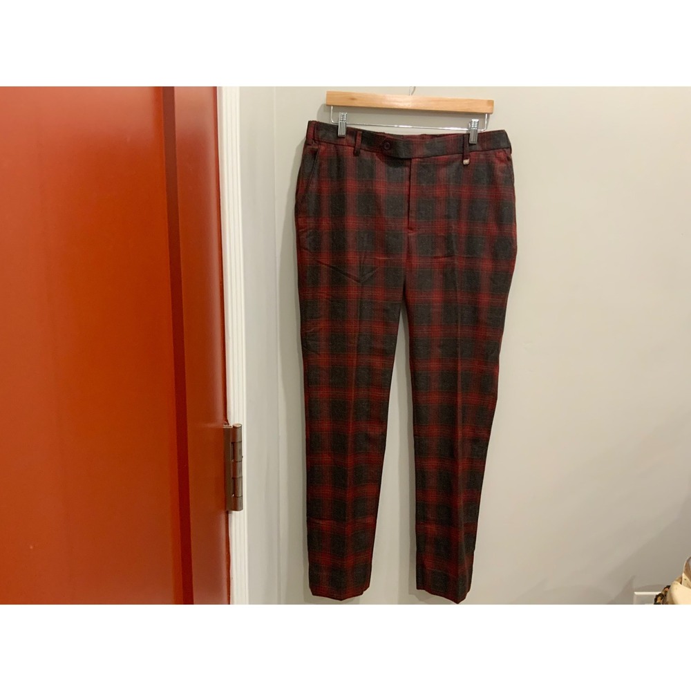 French Crown Mens Red Charcoal Plaid Trousers Check Dress Pants Size 38